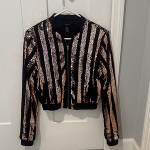 Forever 21 Black Bomber Jacket with Rose Gold Sequin Stripes